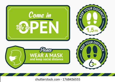 Keep your distance. Wear mask. A set of banners for opening stores after quarantine. Round sticker on the floor. A sticker Social distance to avoid coronavirus.