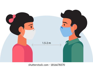 Keep your distance when communicating and wear a medical mask. Prevention of coronavirus, virus Wuhan Covid-19. Flat illustration.