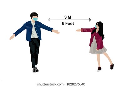 keep your distance when meeting and wearing face masks  vector illustration