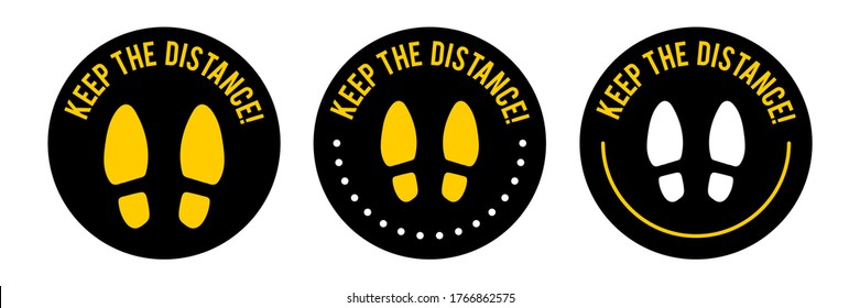 Keep Your Distance Yellow and Black and White Round Floor Marking For Queue. Shoe Prints on Floor Social Distancing Icon. Vector circle illustration. Footstep shoe  Instruction for COVID-19 quarantine