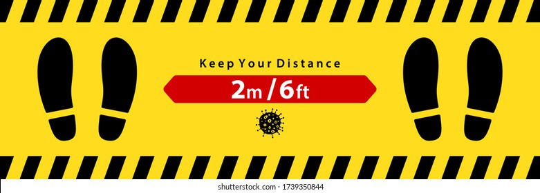 keep your distance yellow warning banner to be published during situation of COVID-19 which people should practice social distancing to stop the pandemic, concept of social distancing flu prevention