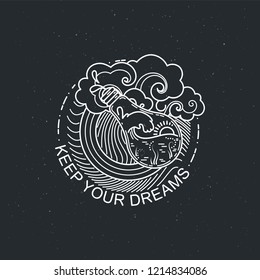 Keep your dreams. Vintage illustration of thin line magic bulb with ocean. Vector graphic design logo, print, label, badge, sticker, emblem, sign, identity.