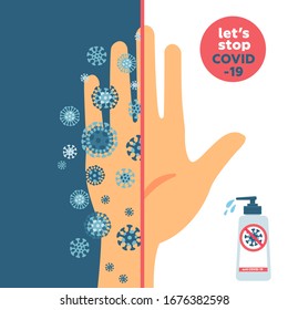 KEEP YOUR HANDS CLEAN and clean and dirty hand concept. One half is dirty hand fully with coronavirus germs and one is very clean. Banner about hygiene. Novel disease COVID-19, 2019-nCoV, MERS-Cov.