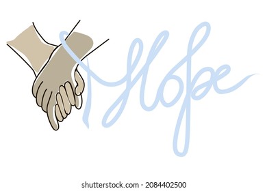 Keep your hands together. AIDS Day. December 1. vector. flat style. Partners' hands together. Ribbon around the wrist transitioning into the inscription Hope. 