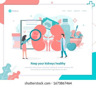 Keep your kidneys healthy. Doctors check the health of the kidneys. Landing page template. Medical flat vector illustration.