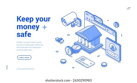 Mantenga su Ilustración vectorial de Plantilla de diseño de Anuncio de Web isométrico de esquema de servicio financiero bancario seguro de dinero. Página de inicio del fondo de inversión de ahorro de garantía de almacenamiento de moneda de finanzas bancarias