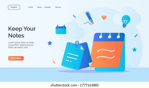 Mantén tus notas campaña de iconos para el banner de la plantilla de aterrizaje de la página principal del sitio web con estilo plano de caricatura.