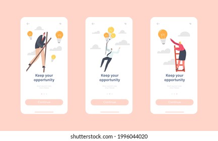 Keep Your Opportunity Mobile App Page Onboard Screen Template. Competitive Advantages. Business Characters Climbing Ladder, Flying on Light Bulbs Balloons Concept. Cartoon People Vector Illustration svg