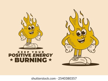 Keep your positive energy burning. Retro Mascot character illustration of fire flame in standing pose