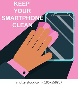 Mantén tu smartphone limpio concepto de ilustración vectorial. Desinfección de gadgets, normas sanitarias, de higiene. Pantalla de teléfono móvil limpia a mano con tela antiséptica húmeda.