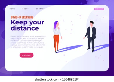 keep your social distance about 1-2 meters, covid-19 info broshure, landing page in modern style.