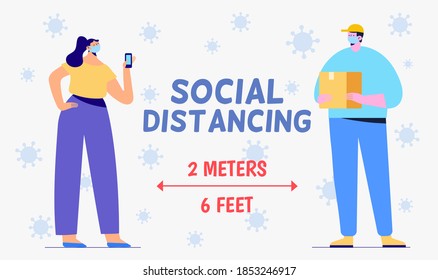 Keep Your Social Distancing. People in face masks  COVID-19 epidemic.  Concept of social distancing, virus prevention, wearing mask, buy foods and supplies. Cartoon flat vector illustration