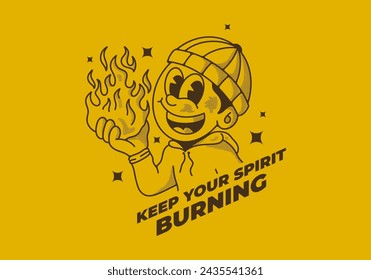 Keep your spirit burning. Retro style illustration of a beanie guy holding a fire