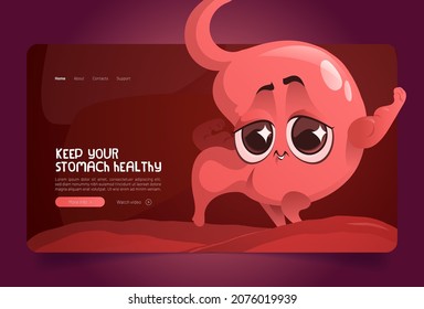 Keep your stomach healthy banner. Concept of digestion system health. Vector landing page with cartoon illustration of happy abdomen organ character showing muscles