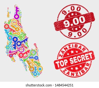 Keep Zanzibar Island map and seal stamps. Red rounded Top Secret and 9.00 grunge seal stamps. Bright Zanzibar Island map mosaic of different guard symbols. Vector combination for safety purposes.