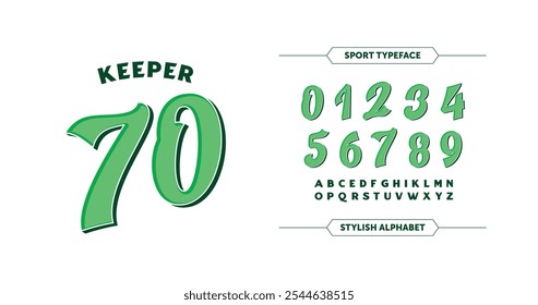 Keeper 70: Diseño de números de estilo cómico audaz en verde vivo, sobre un fondo rojo anaranjado. Perfecto para camisetas deportivas o temas de carreras. Formato de Vector.