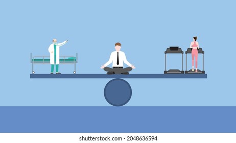 Keeping balance concept. Meditation businessman sits and thinks at the center of a seesaw between a doctor with a hospital bed and exercise running on treadmill. Exercise to stay away from sickness.