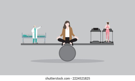 Keeping balance concept. A meditation woman sits and thinks at the center of a seesaw between a doctor with a hospital bed and cardio running on treadmill. Exercise to stay away from sickness.