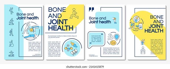 Keeping bones and joints healthy blue and yellow brochure template. Leaflet design with linear icons. 4 vector layouts for presentation, annual reports. Questrial, Lato-Regular fonts used