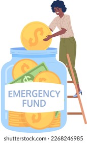 Keeping cash for emergency flat concept vector spot illustration. Editable 2D cartoon character on white for web design. Savings creative idea for website, mobile, magazine. Oxygen font used