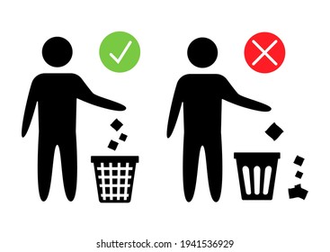 Keeping the clean. Forbidden icon. Pitch in put trash in its place. Tidy man or do not litter, symbols, keep clean and dispose of carefully and thoughtfully. Vector