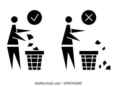 Keeping The Clean. Forbidden Icon. Pitch In Put Trash In Its Place. Tidy Man Or Do Not Litter, Symbols, Keep Clean And Dispose Of Carefully And Thoughtfully. Vector