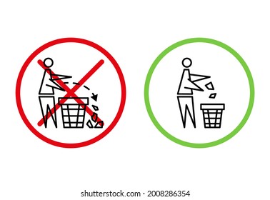 Keeping the clean. Forbidden icon. Pitch in put trash in its place. Tidy man, do not litter, icon. Please do not throw rubbish. Do not litter, place rubbish in bins provided. Vector