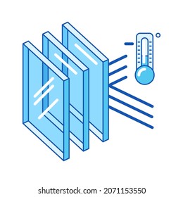 Keeping cold temperature inside house with glass layers. Cross section double glazed window. Infographics showing properties.