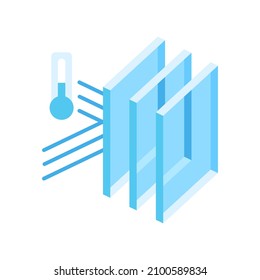 Keeping cold temperature inside house with glass layers. Cross section double glazed window. Infographics showing properties.