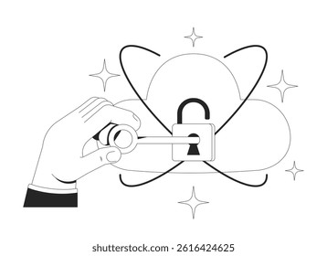 Keeping data safe on cloud encryption line illustration concept. Access management, cybersecurity. SaaS security. Locking with key outline 2D composition isolated. Ink linear metaphor vector art