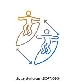 Keeping distance between surfers gradient linear vector icon. Preventing surfing injuries. Surfing etiquette. Thin line color symbols. Modern style pictogram. Vector isolated outline drawing