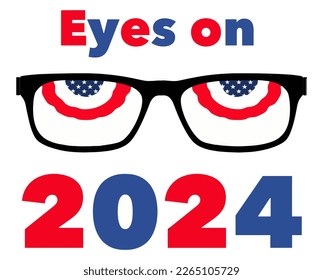 Keeping an eye on the 2024 presidential election is the theme of eyeglass and bunting in a 3-d illustration.