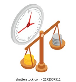 Keeping finance icon isometric vector. Stack of coin on scales and round clock. Time, finance, money, income