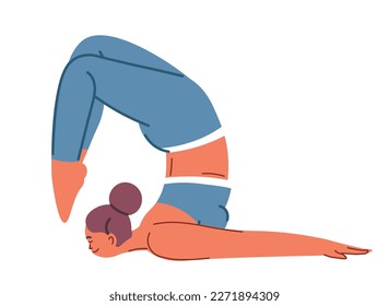 Keeping fit with asana poses and exercises, isolated woman making bending. Sports and fitness, wellness and health improvement. Girl in sport suit in gym or studio working out. Vector in flat style