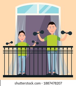 Keeping fit and training muscles at home concept. Men with dumbbells losing weight on the balcony of house. Male characters do sports and breathe fresh air. Persons stay at home, daily life routine