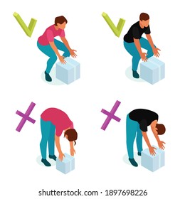 Keeping good posture 4 isometric compositions with proper and wrong lifting techniques isolated vector illustration