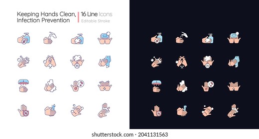Keeping hands clean light and dark theme RGB color icons set. Washing with soap and water. Remove pathogens. Isolated vector illustrations on white and black space. Simple filled line drawings pack