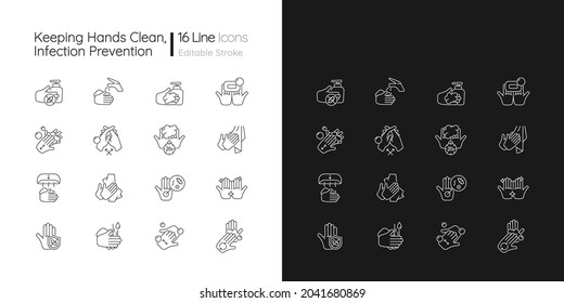Keeping hands clean linear icons set for dark and light mode. Washing with soap and water. Remove pathogens. Customizable thin line symbols. Isolated vector outline illustrations. Editable stroke