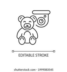 Keeping kids safely with security camera linear icon. Alerting about suspicious activity at home. Thin line customizable illustration. Contour symbol. Vector isolated outline drawing. Editable stroke