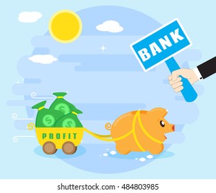 Keeping profits, wealth in the bank. Reliable preservation of savings. Happy pig piggybank keeps money in the bank. Flat style