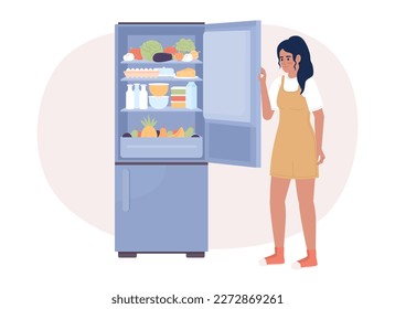 Keeping refrigerator full for energy efficiency 2D vector isolated spot illustration. Girl with appliance flat character on cartoon background. Colorful editable scene for mobile, website, magazine