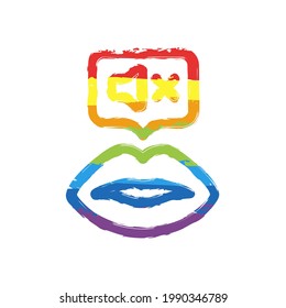 Keeping silence, be quiet, silent please, shhh. Drawing sign with LGBT style, seven colors of rainbow (red, orange, yellow, green, blue, indigo, violet