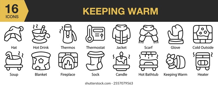 Keeping Warm icon set. Includes jacket, scarf, glove, candle, sock, heater, and More. Outline icons vector collection.