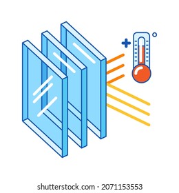 Keeping warm temperature inside house with glass layers. Cross section double glazed window. Infographics showing properties.