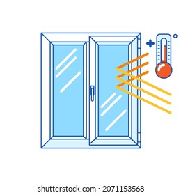 Keeping warm temperature inside house with double glazed window. PVC plastic profile. Infographics showing properties.