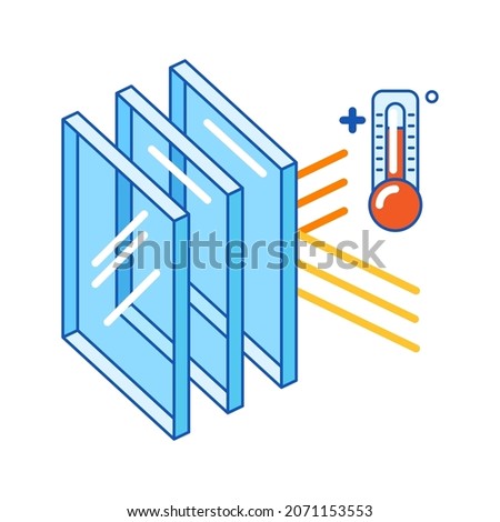 Keeping warm temperature inside house with glass layers. Cross section double glazed window. Infographics showing properties.