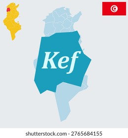 Kef Tunisia Map and Flag - El Kef Governorate Capital, Dorsal Atlas Mountains and Roman Ruins Vector Outline