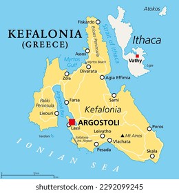 Kefalonia, Greek island, political map. Also known as Cephalonia, Kefallinia or Kephallenia, the largest Ionian Island, located in western Greece and in the Ionian Sea, with capital Argostoli. Vector.