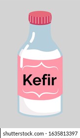 Kefir in bottle and emblem. Isolated icon of dairy product full of good bacterias. Dieting food for healthy lifestyle and probiotics fulfillment. Calcium and proteins in milk based meal vector