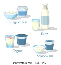 Kefir bottle and yogurt with fruits, bowl of farmer cottage cheese and sour cream. Glass of milk whipped product and healthy food, fresh beverage. Set of calcium meal, shop and diet theme